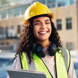 Centered construction worker in yellow hardhat